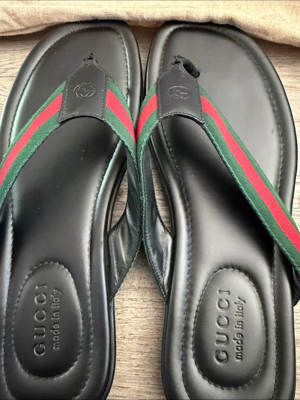 Gucci Black Leather Flip Flops with Green and Red Web Stripe